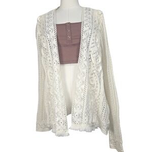 Chicos Cream Crochet Cardigan W 1 M Lace Open Knit Boho cottage Cotton Layer
